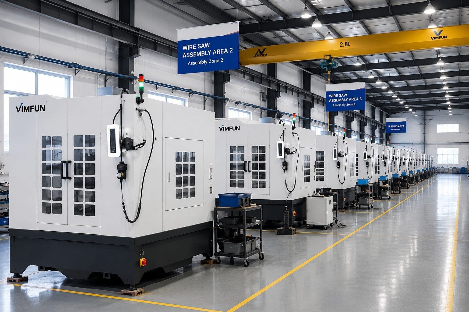 Vimfun glass cutting equipment is a perfect machine tool for precision cutting Infrared optics production line installation — Vimfun turnkey 5-station Ge optics line on a customer shop floor with cutting, centering, grinding, polishing, and AR coating stations integrated under one tolerance budget