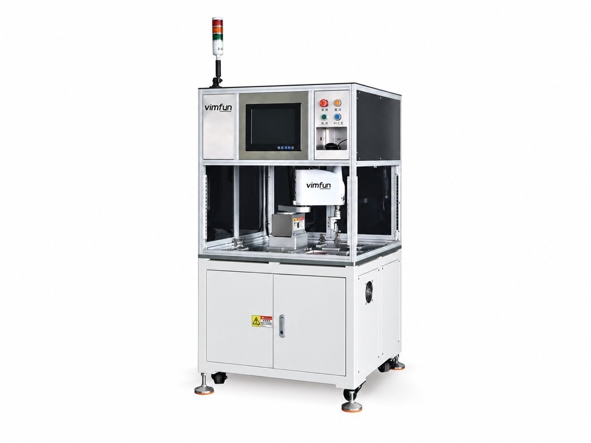 Vimfun AL-20B lens basket loading machine with a four-axis SCARA robot, a vision camera and blister trays feeding optical baskets