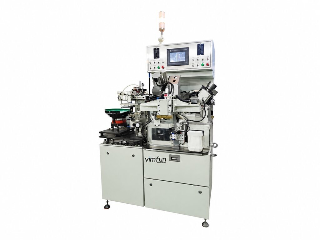 Vimfun Auto-SG-20W vertical lens generating machine, enclosed, with a vibratory feed bowl and twin vertical grinding spindles