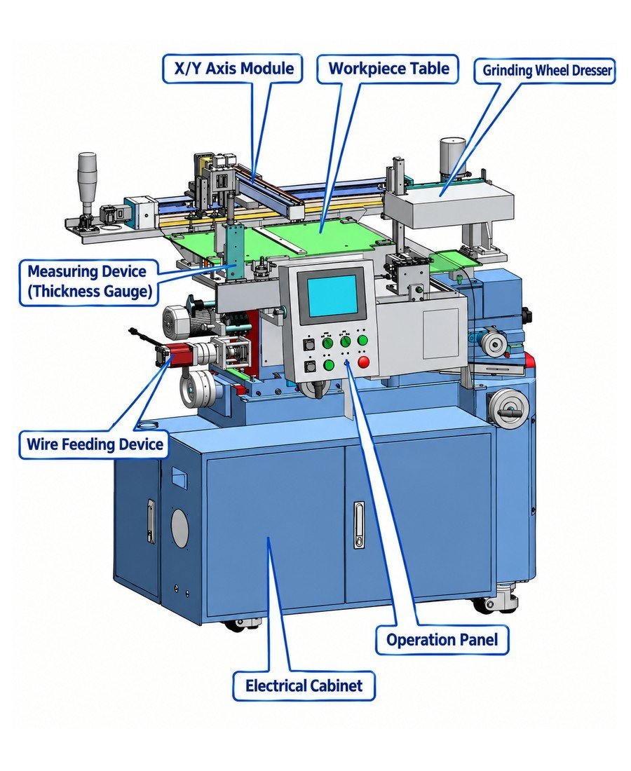 Auto-SG-50 principal assemblies with callouts to spindle head, trays and dressing device