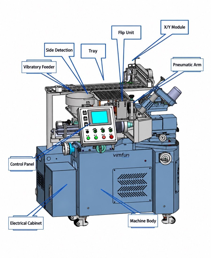 Auto-SG-50VT principal assemblies with callouts to the vibratory bowl, X/Y output module and tool spindle