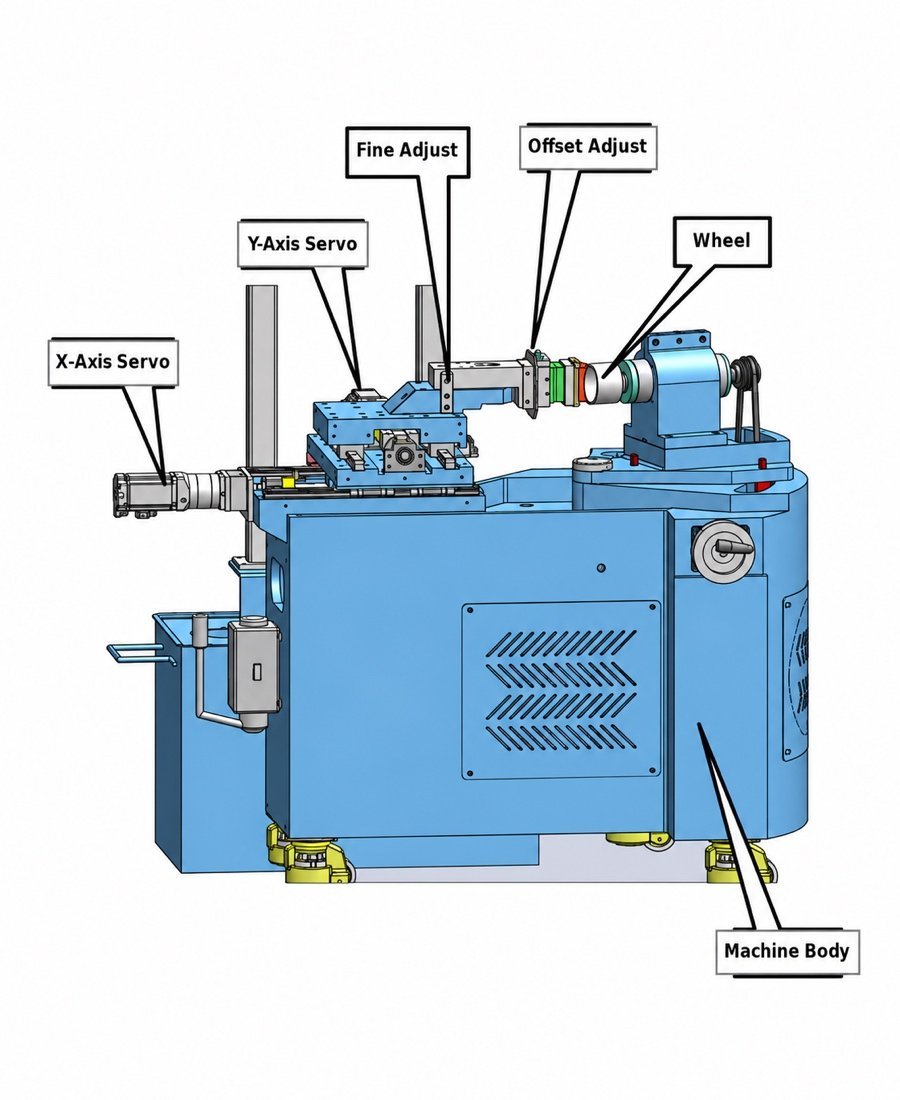 CG-140 cylindrical lens grinding machine principal assemblies with callouts to the X and Y servo axes, wheel and micro-adjust