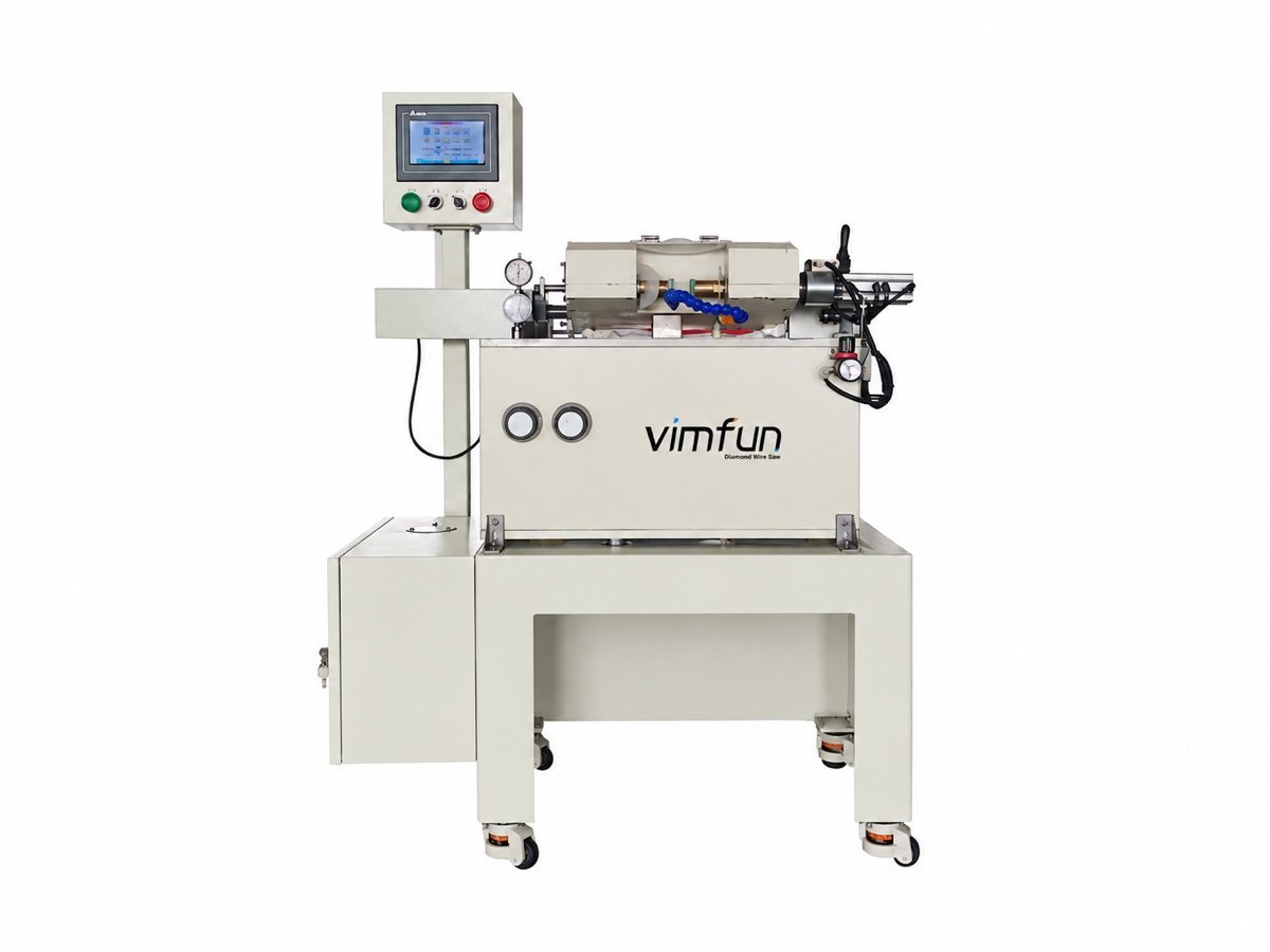 Vimfun EG-80 optical lens edge grinding machine, bench machine with a headstock, dual wheels and a copy former