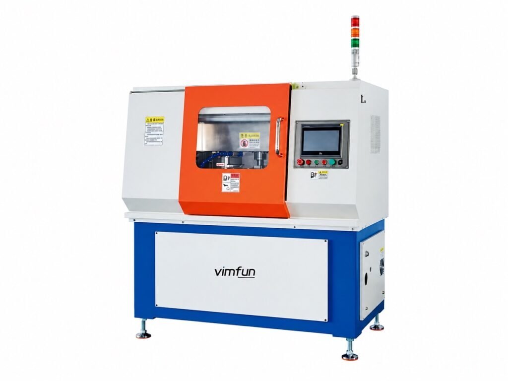Vimfun EP-220C CNC edge polishing machine, fully enclosed stainless cabinet with a stacked-part fixture and two polishing wheels