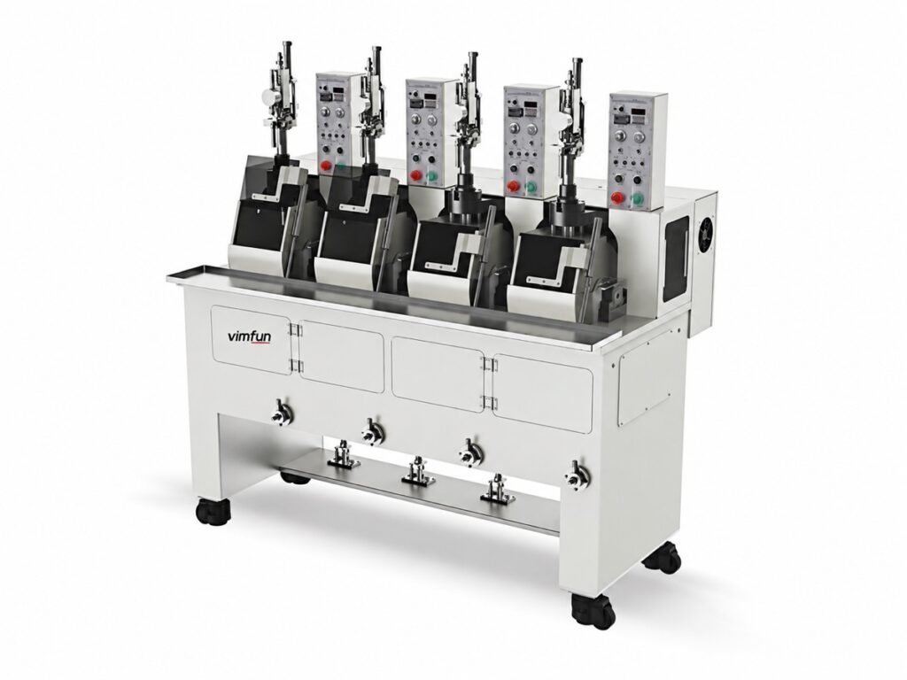 Vimfun FP-4L convex lens polishing machine, four lower-swing spindles over the lap plates