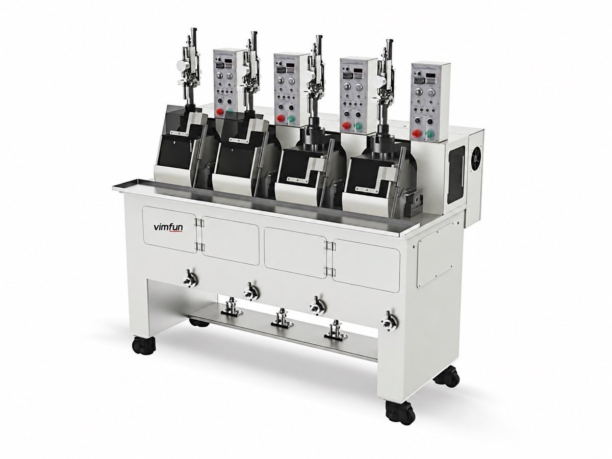 Vimfun FP-4L convex lens polishing machine, four lower-swing spindles over the lap plates