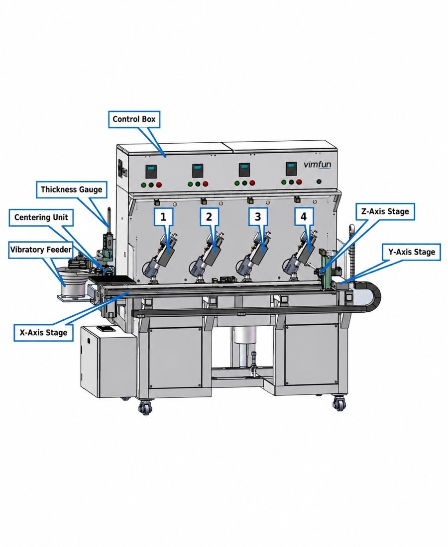 FP-4U concave lens polishing machine principal assemblies with callouts to swing frame, spindles and spring heads