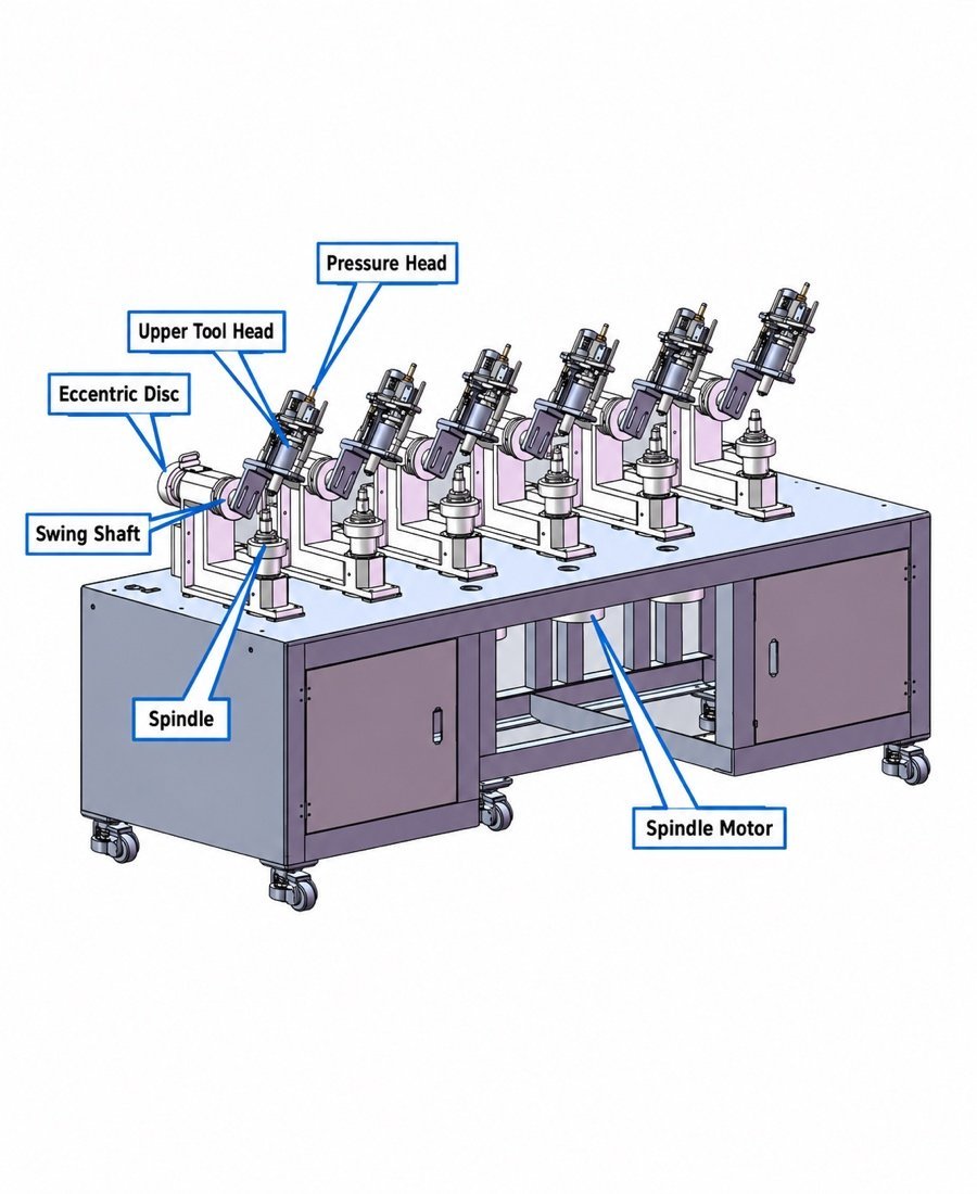 FP-6U six spindle optical polishing machine principal assemblies with callouts to the spindles, pressure heads and eccentric-disc swing