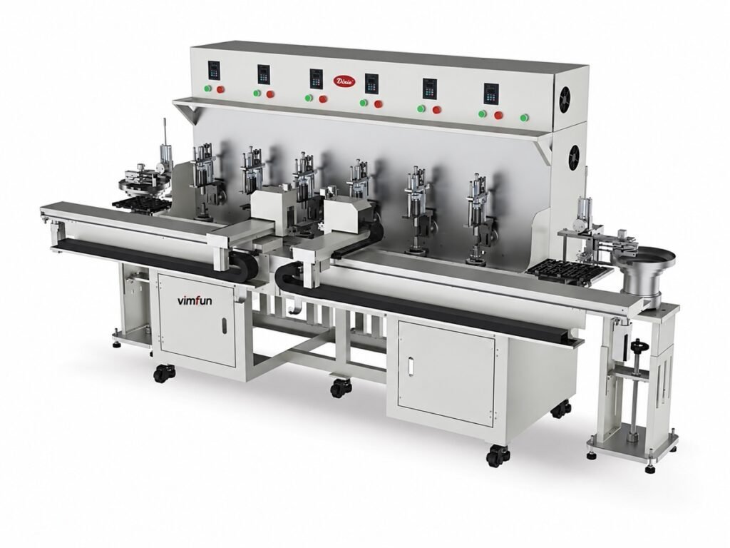 Vimfun FP-6U six spindle optical polishing machine, six upper-swing spindles over a stainless work deck