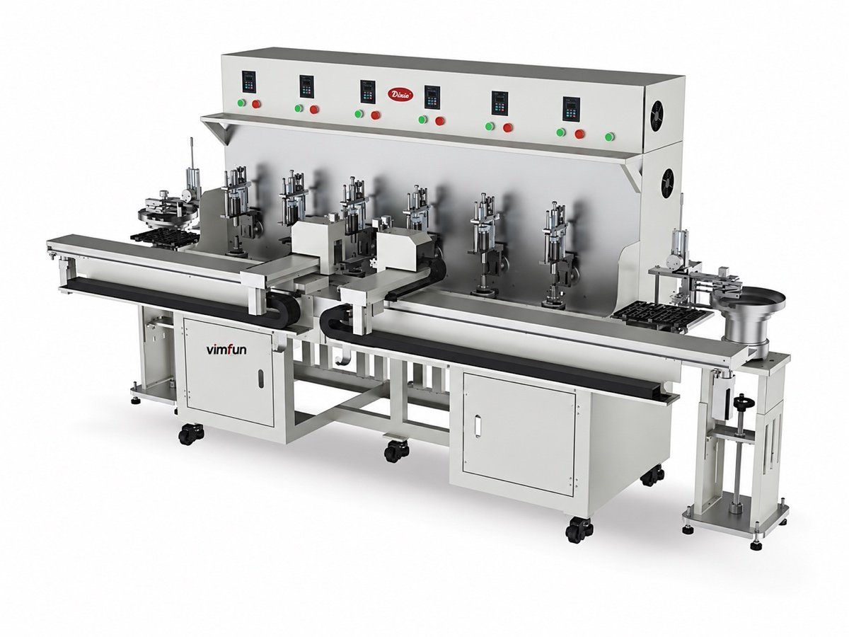 Vimfun FP-6U six spindle optical polishing machine, six upper-swing spindles over a stainless work deck