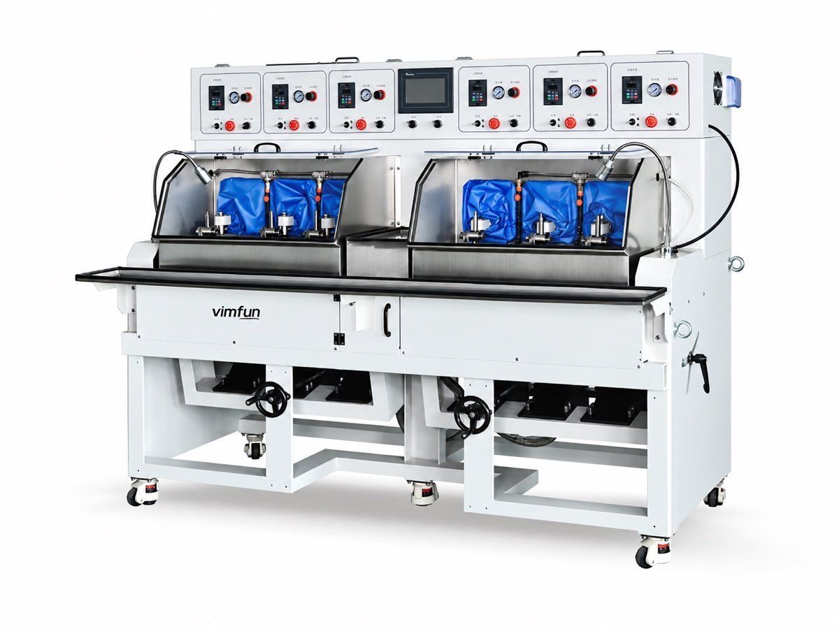 Vimfun FP-6X tilt axis lens polishing machine, six-head twin-chamber polisher with a central touchscreen