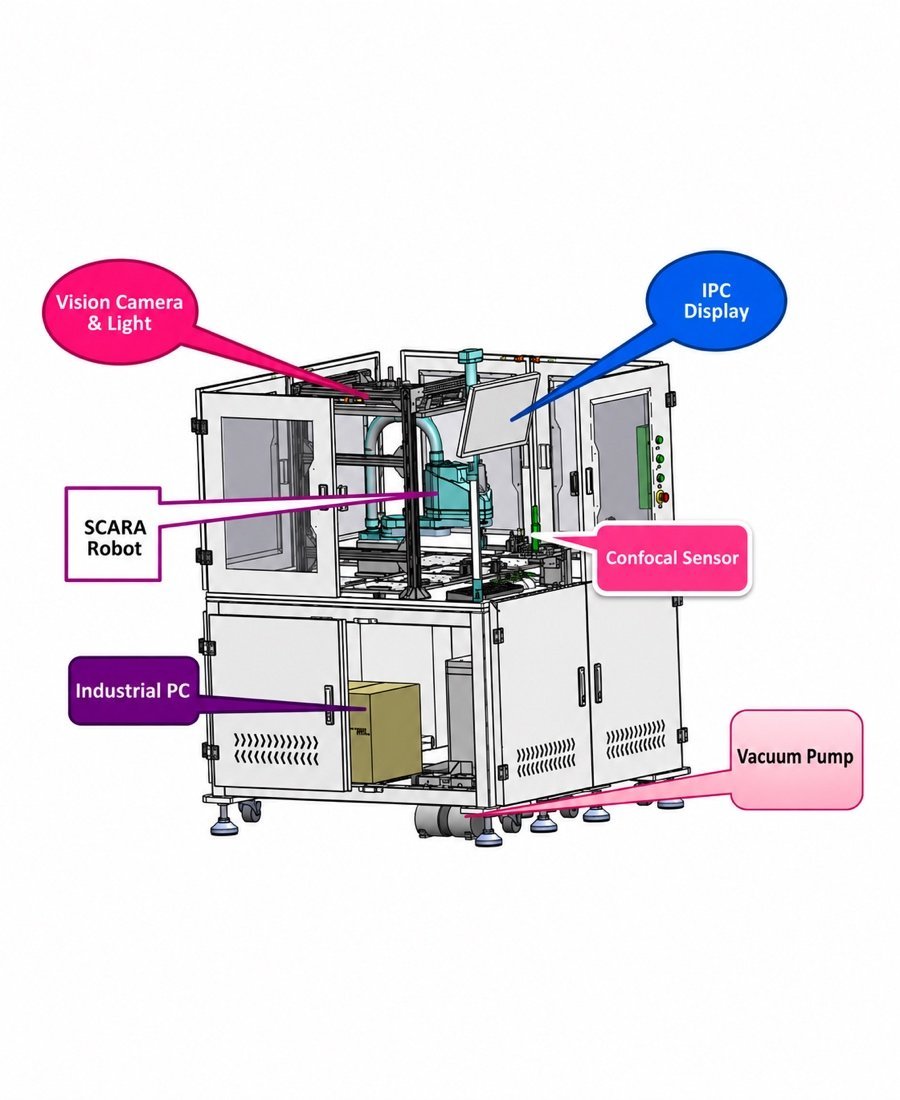 LI-20 automatic lens inspection machine principal assemblies with callouts to SCARA, optical head and sorting trays