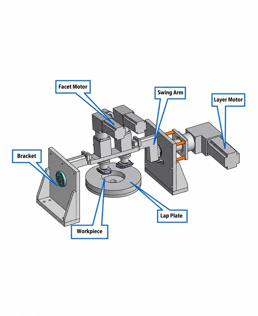 MF-3 prism faceting machine principal assemblies with callouts to the swing arm, layer motor, facet motor and machining plates