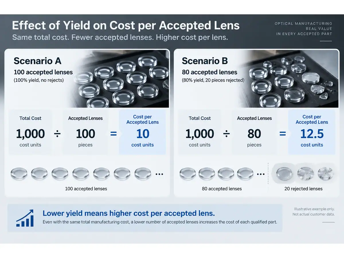 Illustrative comparison of cost per accepted lens at two yields
