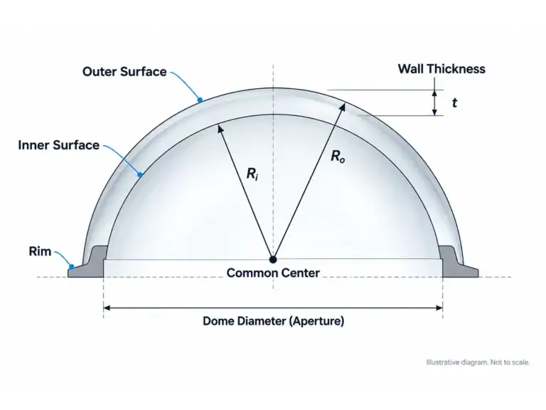 Sección transversal conceptual de cúpula óptica con superficies interior y exterior