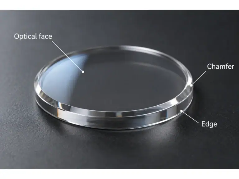 Diagrama de cristal de reloj que identifica el chaflán y el borde de la cara óptica
