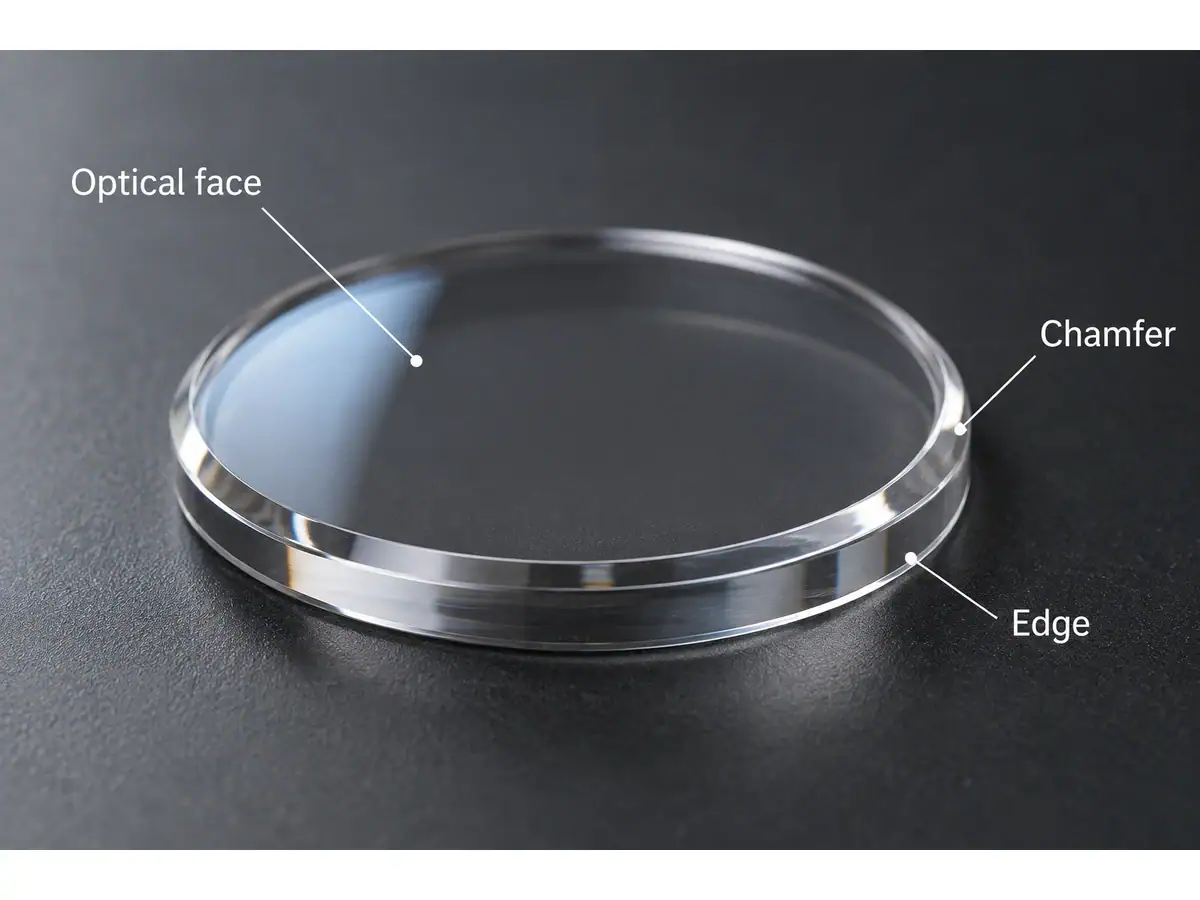 Diagrama de cristal de reloj que identifica el chaflán y el borde de la cara óptica